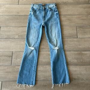MOTHER Blue Flare Wide Leg Jeans with Distressed Details